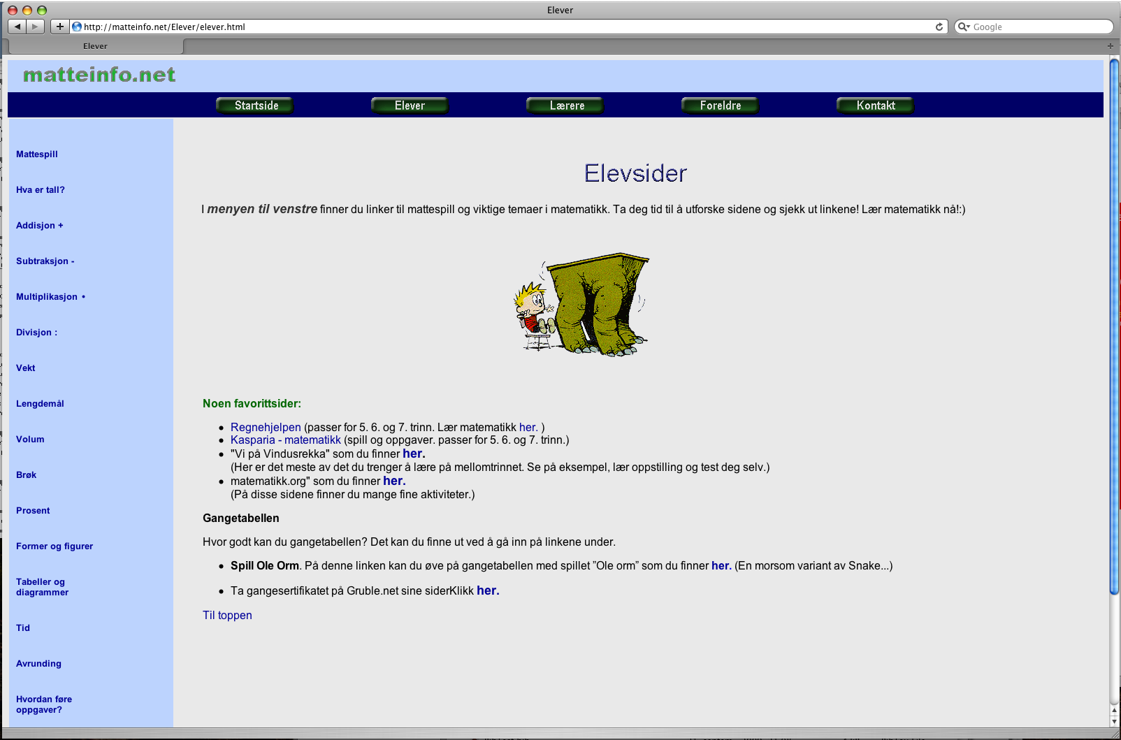 inn på menypunktet elever kommer man til spillene og mattoppgavene som inngår på webstedet (se