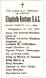 Før hun kom til Haugesund hadde hun jobbet som butikkdame i Stavanger noen år. I 1893 giftet hun seg med skipsreder Knut Knutsen O.A.S. Elisabeth Knutsen var et samfunnsengasjert mennesker som deltok med stor iver både i politikk og foreningsliv.