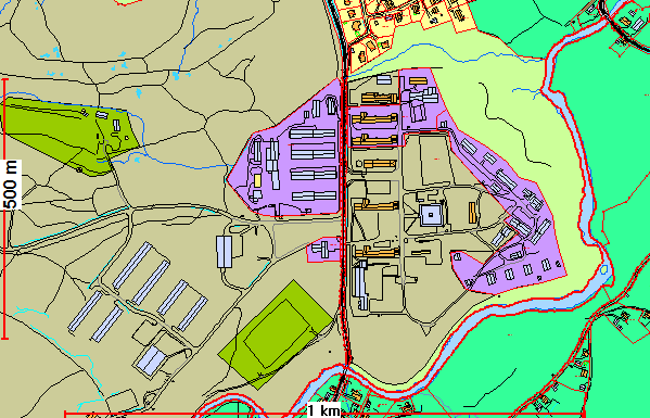 Heistadmoen; Nåværende (grågrønt) og tidligere område (fiolett) for forsvaret.