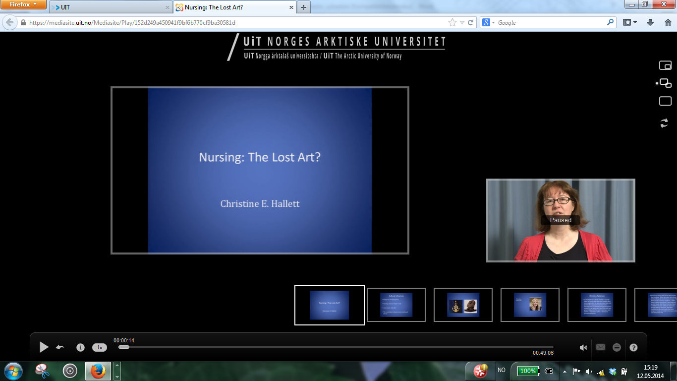 Nettforelesningen «Nursing the lost art av Christine Hallett Videoforelesning av Christine Hallett varer 49 min, men kan stoppes og
