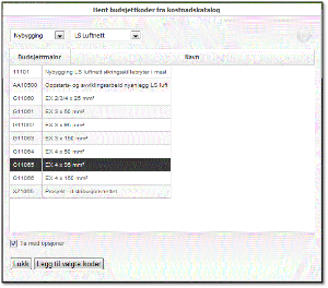 For å legge inn Budsjettmalen for 1 km 4x95 mm 2 EX i kalkylen, klikker en bare på koden, og deretter på Legg til valgte koder Nå vil koden for 4x95 mm 2 EX bli overført fra kostnadskatalogen til