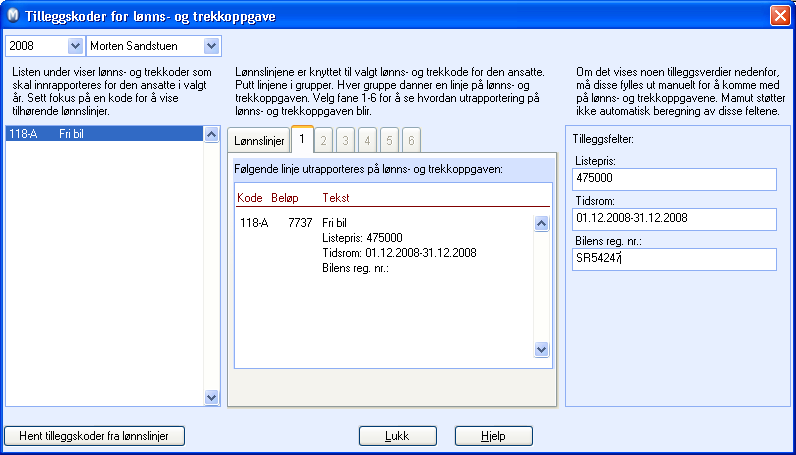 Tilleggskoder på lønns-og trekkoppgave Valget for å legge inn tilleggsfelter for lønns-og trekkoppgaver finner du ved å velge Vis/Lønn/Tilleggskoder for lønns- og trekkoppgave i hovedvinduet i Mamut