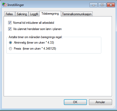 Tidsberegning Avkrysning i feltet Normal tid inkluderer all arbeidstid er mest av alt et spørsmål om hvordan man ønsker presentasjon av ordinær arbeidstid.