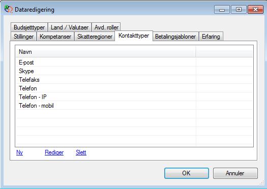 Kontakttyper Fanen Kontakttyper kategoriserer hvilke kontakttyper som kan registreres på personalkortet.