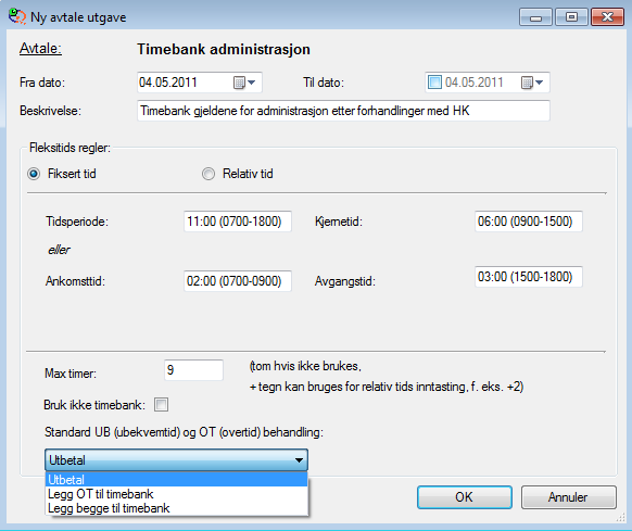 Timebank Det samme registreringsbildet som vist ovenfor blir også benyttet for timebank Man krysser da ikke av i feltet Bruk ikke timebank og man må også definere via listboksen om man skal utbetale