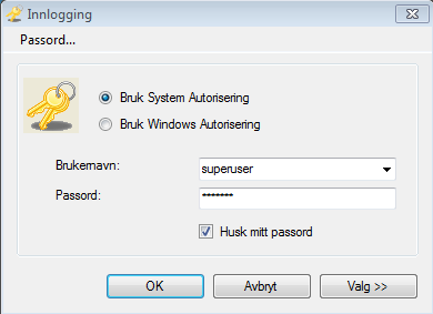 Konfigurering og forberedelser QL Time konfigurering Innlogging Skjermbildet for innlogging har flere funksjoner og man kan: Endre forbindelse til database og/eller server Endre passord Logge inn i