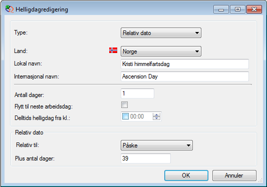 Legg merke til at helligdager lagres med landkode og at det også bør defineres et internasjonalt navn. En helligdag kan også defineres som delvis helligdag. Dette gjelder for eksempel på julaften.