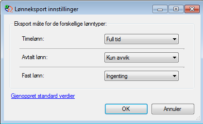 Eksportinnstillinger Det er tre måter data for de forskjellige grupperinger kan bli eksport på: Ingenting Kun avvik Alt For fastlønnede eksporteres ingenting med mindre det er manuelle timer.