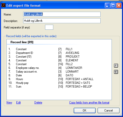 Eksportfilformat Velg et forhåndsdefinert filformat eller bygg et eget format. Forhåndsdefinerte filformat kan også endres. definisjoner.