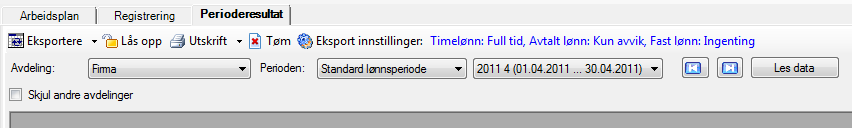 Ordinær modus I eksemplet over definerer man Avdeling, Periode: Standard lønnsperiode og tidsintervall ut fra hva som tidligere er definert.