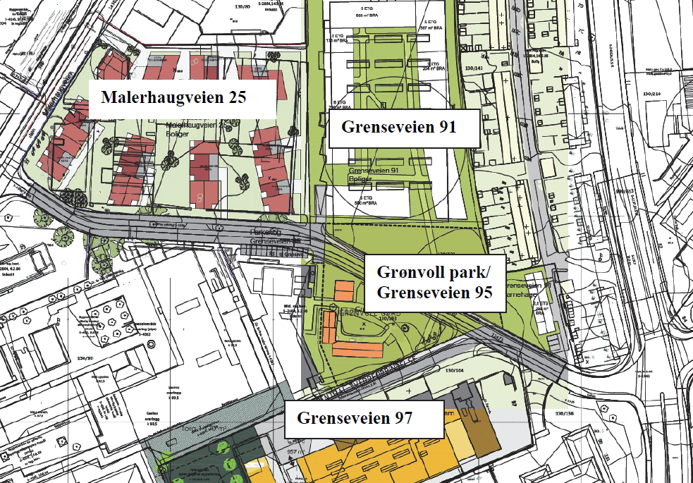 Figur 3 Reguleringsarbeid i nærområdet (kilde: Grenseveien 95, Grønvoll park og grønvoll allé - Prosessavklaring til oppstartsmøte, PBE, 02.10.