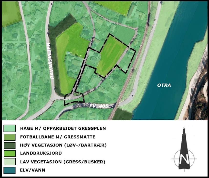 12 3.5 Natur og landskap Planområdet er et attraktiv og solrikt området på Øvre Mosby. Planområdet er tilnærmet flatt med tidligere opparbeidet terreng til både bolig-, landbruk- og vegformål.