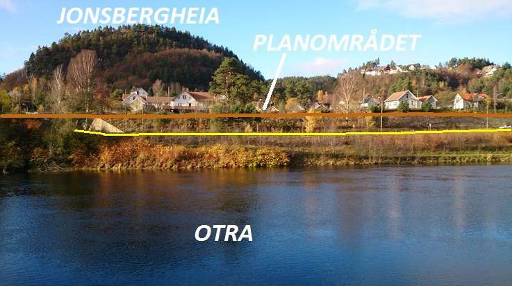 15 Figur 15: Viser Jonsbergheia i bakgrunnen og elven Otra 50 m øst for planområdet. Gul linje viser fv.405, mens brun linje viser Sørlandsbanen som grenser til planområdet på østlig side.