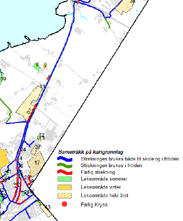 Planbeskrivelse Detaljreguleringsplan sykkelveg fv. 382 Grannessletta Side 15 3.9 Barn og unges forhold Det er foretatt barnetråkk registreringer i Sola kommune.