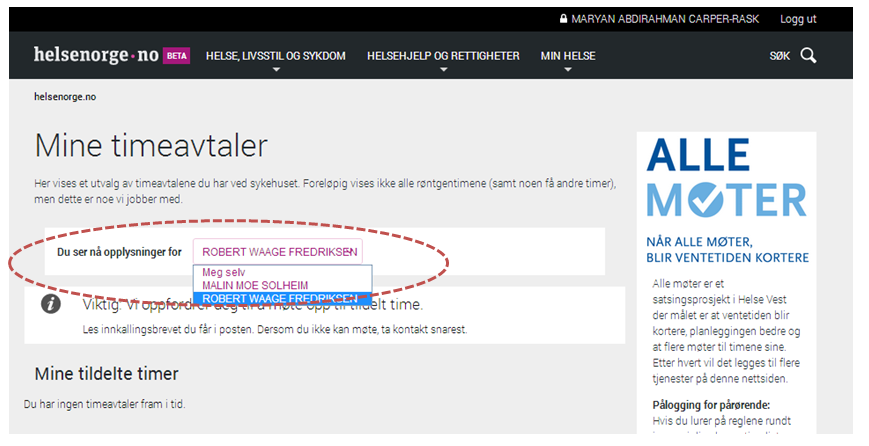 3.2 Finn «Mine timeavtaler» Brukere som er logget inn via vestlandspasienten.no vil komme rett inn i listen med timeavtaler. Brukere som logger inn via Helsenorge.