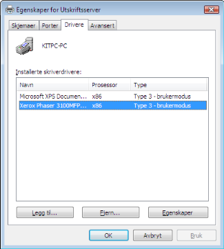 Avinstallere drivere som bruker programvaren Xerox Companion Suite Kjør fjerning av programmer fra menyen START >ALLE PROGRAMMER >XEROX COMPANION SUITE >PHASER 3100MFP > AVINSTALLERE.