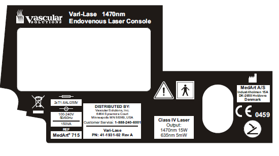 Etiketter og symboler Etikett på baksiden av lasersystemet. Angir navnet og adressen til utstyrsprodusenten.