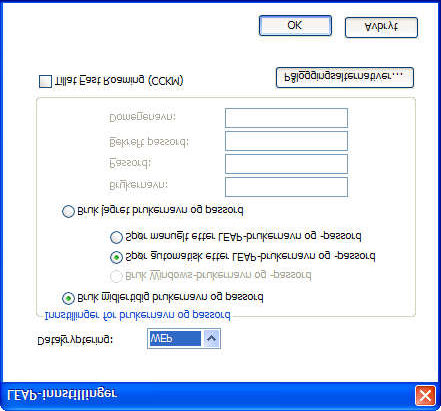 Bruke 802.1x - EAP Cisco (LEAP) Hvis du har valgt LEAP-modus (EAP Cisco), kan du konfigurere innstillingene for bruker-id og passord som kreves for bruk av Cisco LEAP.