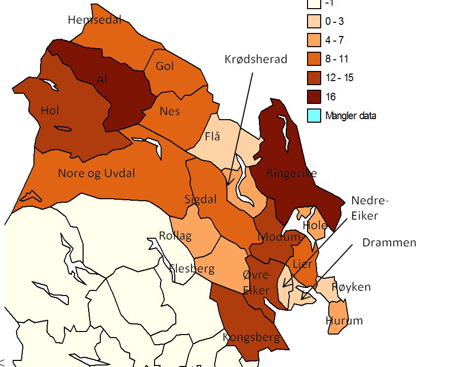 -1 0-3 4-7 8-11 12-15 16 Mangler data Mill. kr < Figur 6.4 Kart: Bruttoprodukt fra tilleggsnæringer, 2011, mill. kr Sysselsetting i tilleggsnæringer er beregnet til 267 årsverk à 1 845 timer.