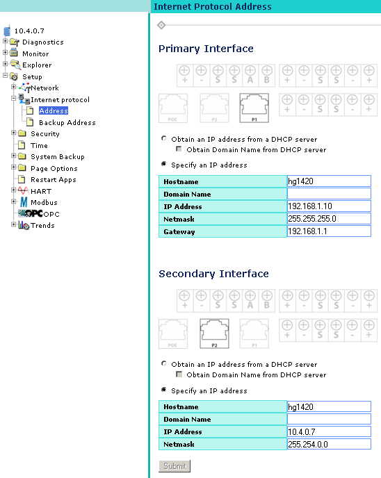 Konfigurering av nettverk i prosesshall Figur 4-3 IP-adressering i gateways web-grensesnitt. Figur 4-4 viser systemets arkitektur etter endringene i nettverksoppsettet. Pro+ 3 nettverkskort 10.4.0.6 10.