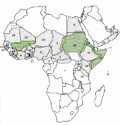 25 estimat på rundt 50 %, er Benin, Den sentralafrikanske republikk, Guinea Bissau, Kenya, og Nigeria.