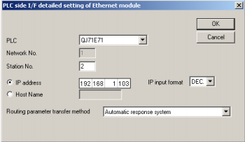 Etter protokollen er ordnet dobbeltklikker vi på Ethernet module-knappen og fyller ut det som vist på bildet under. I tillegg må du velge Other station (Single network) ikonet fra Other station rekka.