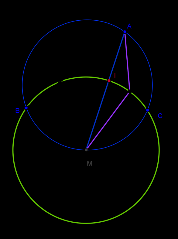 Da har vi vist at M er sentrum i omsirkelen til midtnormalene møtes) slik som vi skulle vise. BIC (der Vi vil så vise at punktet P ligger på omsirkelen til BIC. I ABC setter vi A, B og C.