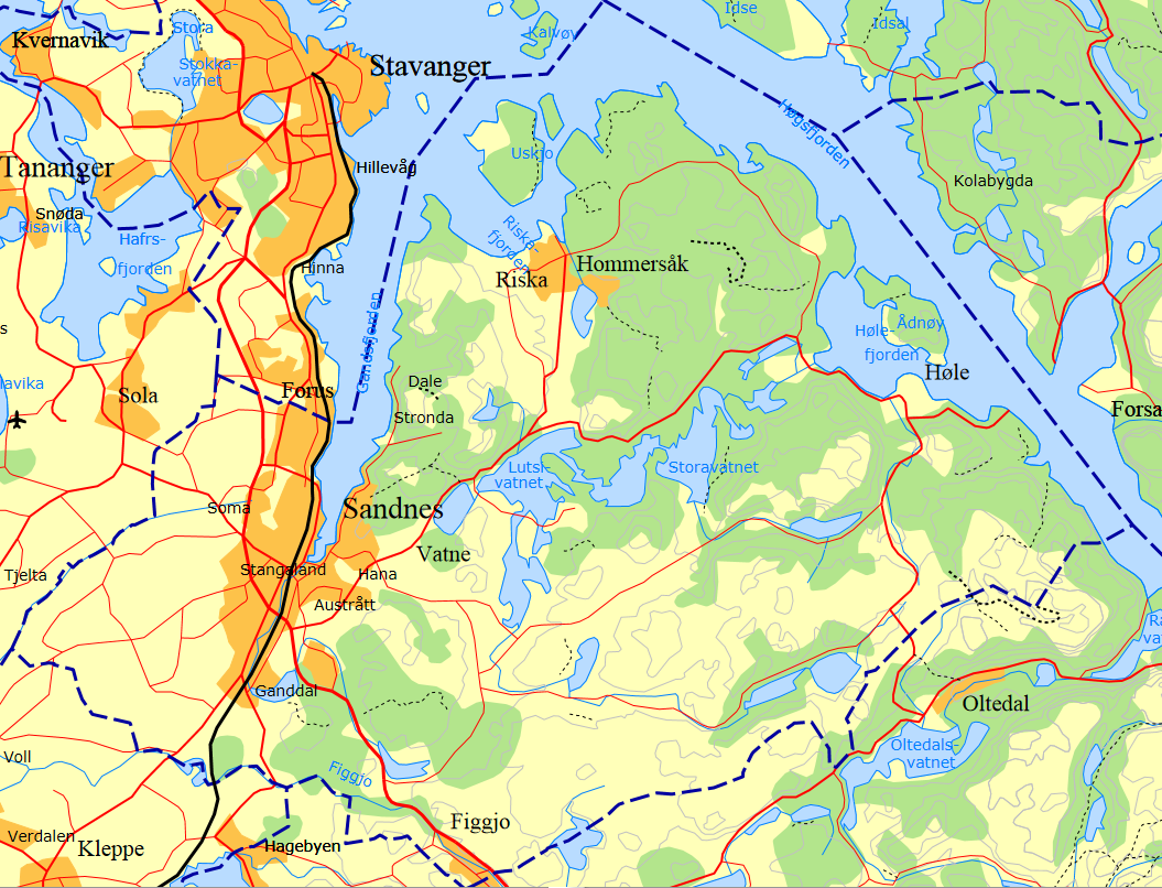 3.2 Sandnes kommune Figur 4 Kart Sandnes kommune Befolkning Sandnes er Norges åttende største by med hensyn til antall innbyggere og er i tillegg en integrert del av Norges tredje største byområde.