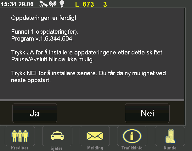 OPPDATER VOGN. Fra denne menyen får man tilgang til de seneste oppdateringer av programvare og takster. Vær oppmerksom på at oppdateringene krever restart av systemet.