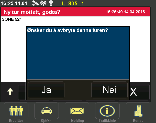 Adgangen til å starte taksameteret før referanse/bookingnummeret vises, er sperret. Først når turteksten vises som på bildet til venstre, kan taksameteret settes på.