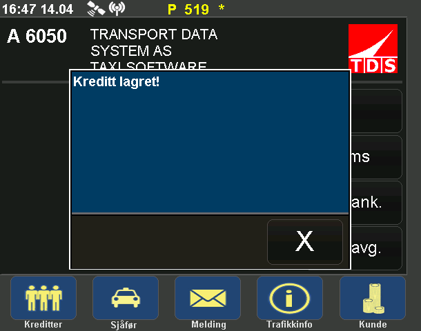 Dette er bekreftelsen på at en kreditt er etablert. Når denne vises, blir det i takstfeltet vist ytterligere en kreditt. Her ser man i taksameterets takstfelt at første kreditt er etablert.