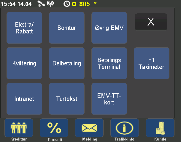 KUNDE/STOPP menyen Denne menyen inneholder følgende hovedvalg: * Ekstra/Rabatt: tips, ekstra, utlegg og rabatt * Bomtur * Øvrig EMV, forskjellig meny avhengig av terminaltype, se side 28 og 30