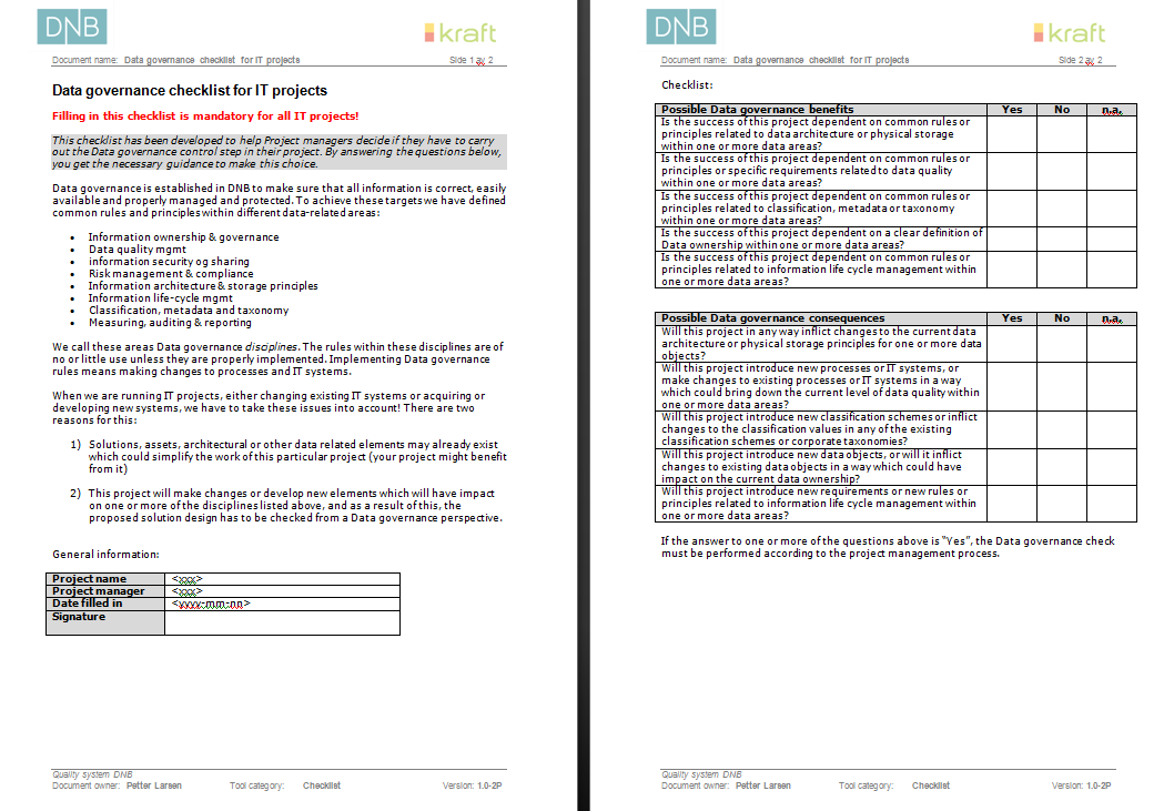 Faste oppgaver: Data governance prosjektanalyse og inspeksjon Det er