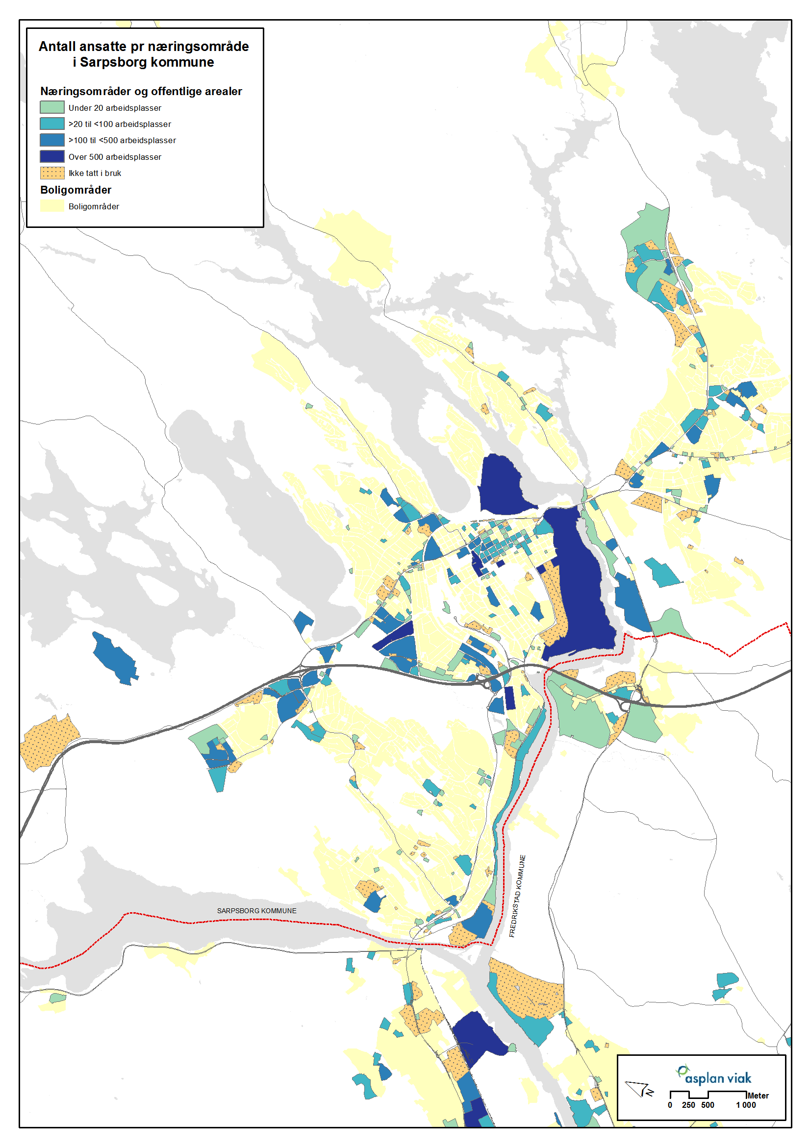 Nærings- og lokaliseringsanalyse for Nedre Glommaregionen 36 Figur 5-9. Antall ansatte pr næringsområde i Sarpsborg tettstedsområde.