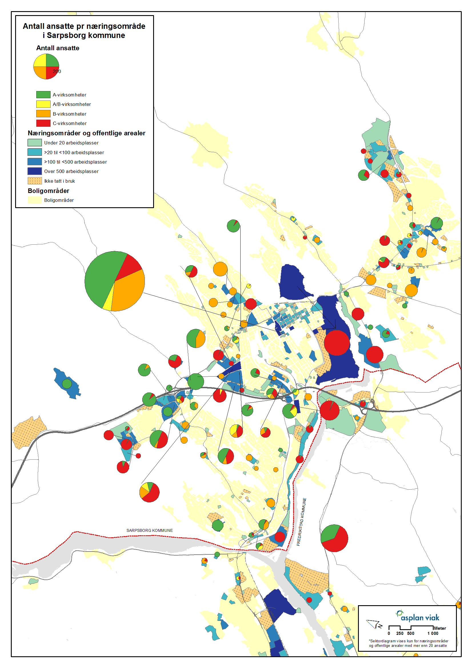 Nærings- og lokaliseringsanalyse for Nedre Glommaregionen 38 Figur 5-11. Oversikt over antall ansatte i hhv A. B. og C-virksomheter pr næringsareal i Sarpsborg tettstedsområde.