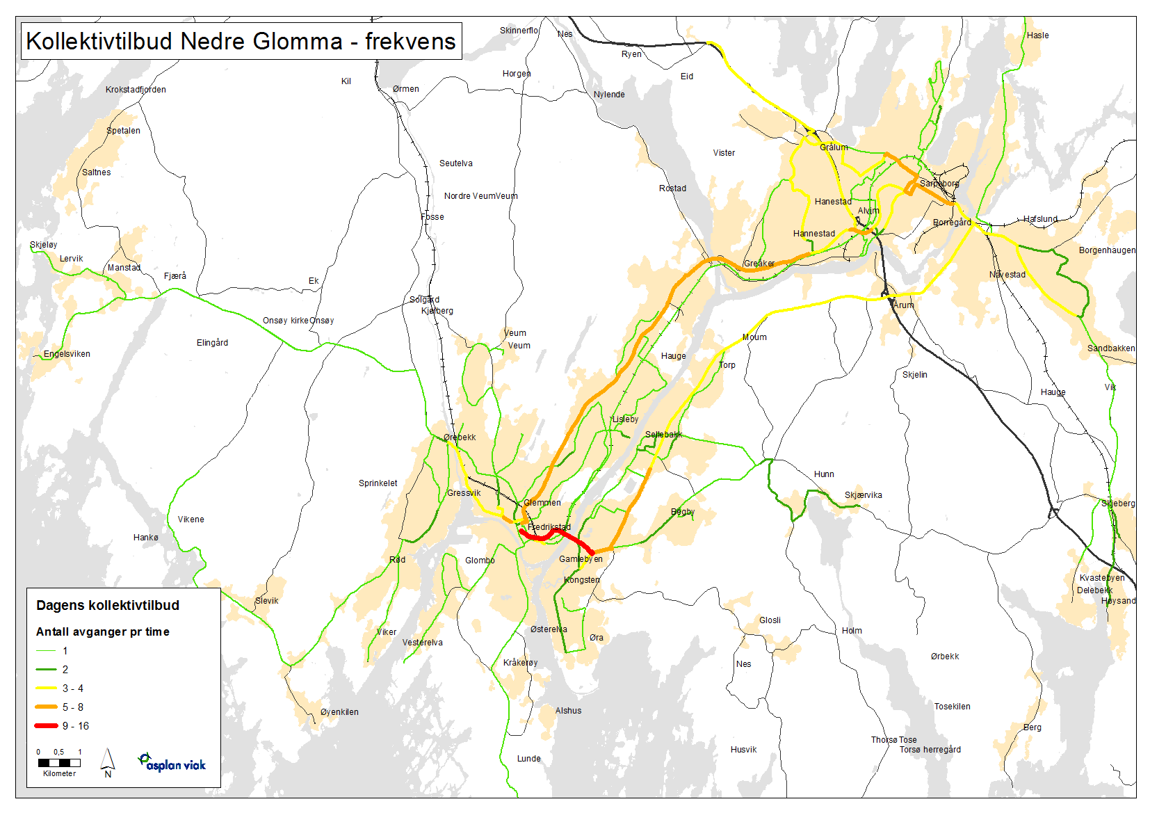 Nærings- og lokaliseringsanalyse for Nedre Glommaregionen 50 Figur 6-6. Frekvenser på dagens kollektivtilbud i Nedre Glommaregionen, for avganger i morgenrush.