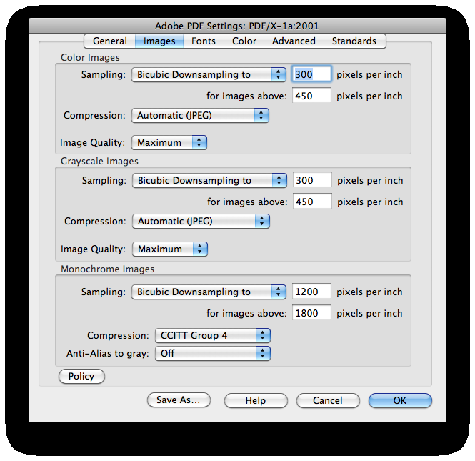 Innstillinger for Acrobat Distiller 9