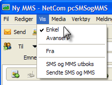 Klikk meny ved knappen Ny, og velg Ny MMS i nedtrekksmenyen. Velg Verktøy -> NetCom pcsmsogmms -> Ny MMS fra hovedmenyen. Velg Fil -> Ny -> Ny MMS fra hovedmenyen.