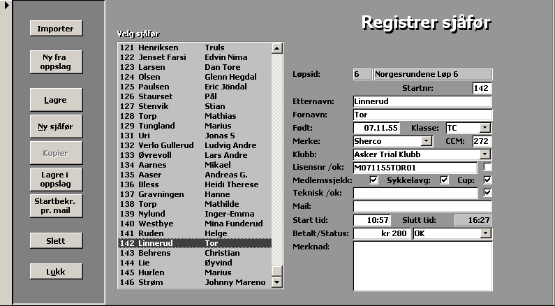 Registrer sjåfør NB! Startnummer er ett unikt nummer for dette løpet og må kun bestå av tall. Etter at det er gjort endringer trykk alltid Lagre.