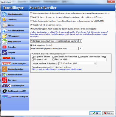 Vedlikehold -> Innstillinger... De fleste av programmets standardinnstillinger vises her. Standardverdier er for oppsett av generelle innstillinger, samt angivelse av eksport av data.