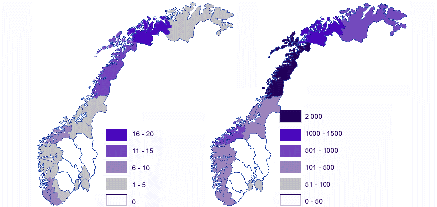 Figur 30 a og b: Kartet til venstre viser antall av vernede fiske- og fangsfartøy fordelt på fylke, mens kartet til høyre viser antall fiske- og fangsfartøy i drift.