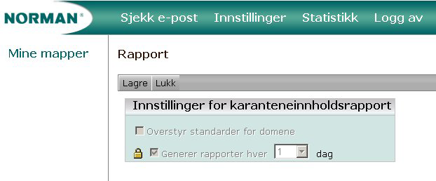 Innstillinger for karantenerapport Hvis du har fått rettigheter til å overstyre domene- og serverinnstillingene, kan du velge hvor ofte du skal motta karantenerapporten.