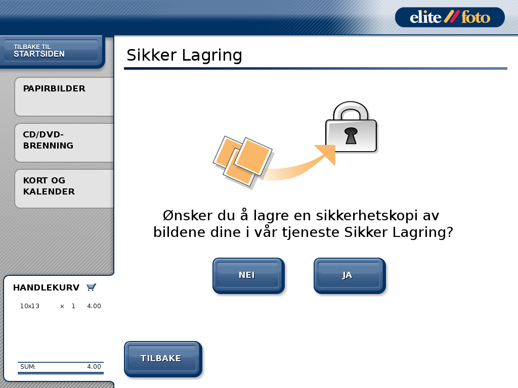 Denne funksjonen vil komme om et eget produkt i kundens ordre: Safe storage of images Her kan du aktivere sikker lagring av bilder i kiosken.