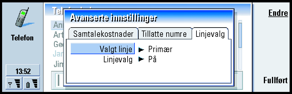 91 Telefon Figur 29 Denne siden inneholder valgene: Valgt linje: Angir linjen som brukes for utgående anrop. Valgene er Primær og Alterner. Faksanrop bruker alltid den primære linjen.