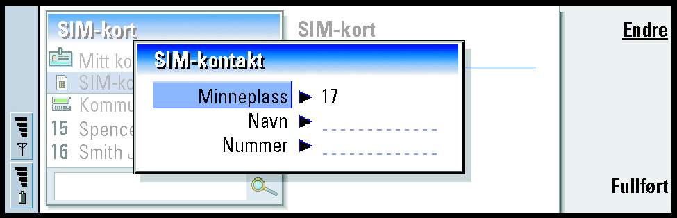 104 Kontakter Figur 35 1 Trykk på Ny kontakt i hovedvinduet for SIM-kort. En dialogboks vises som i Figur 36. Hvis funksjonen Tillatte numre er aktiv, viser SIM-innholdet bare de tillatte numrene.