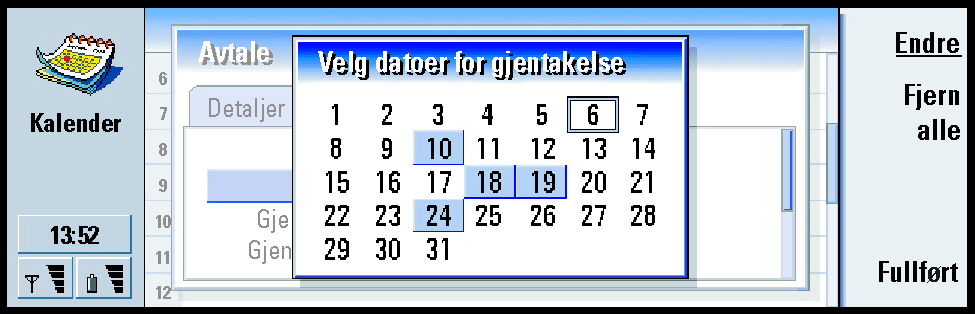 Gjenta på datoer: Datoene som oppføringen gjentas på. Bruk piltasten for å gå til en dato du ønsker å velge, og trykk Velg. Du kan ikke velge mer enn én dato om gangen. Se Figur 42.