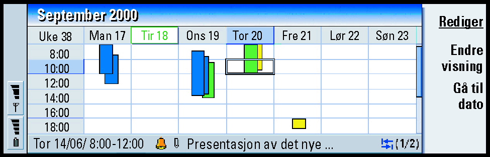 Ukesplanlegging Tips: Du kan velge forskjellige søylefarger for forskjellige oppføringer. Se Siden Status på side 115. 123 Kalender Figur 47 Ukeplanleggingen viser de reserverte timene for valgt uke.