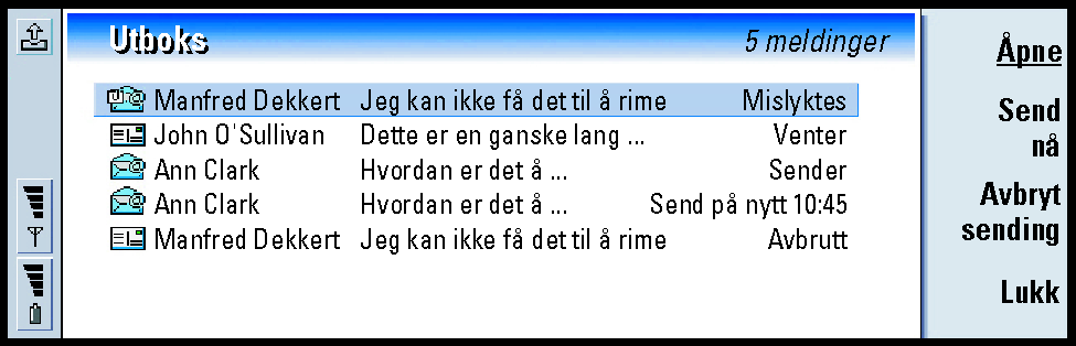 ny ringetone nye fjernkonfigureringsdata ulest epost ulest epost mottatt fra PC ved synkronisering høy prioritet lav prioritet meldingen inneholder et vedlegg 163 Meldinger Utboks Figur 69