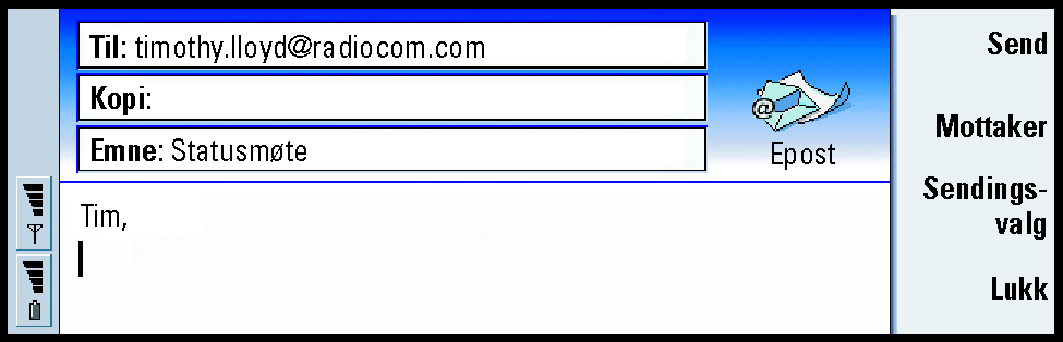 Skrive og sende en ny epost-melding 1 Trykk på Skriv epost i hovedvinduet i Meldinger. Epost-redigeringsprogrammet åpnes, se Figur 73.