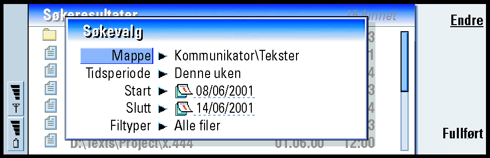 214 Kontor Tips: Du kan søke etter tidsperiode, start- og sluttid, og filtype. Figur 87 Trykk på Endre for å endre verdien på et listeelement. Når du er ferdig, trykker du på Lukk.